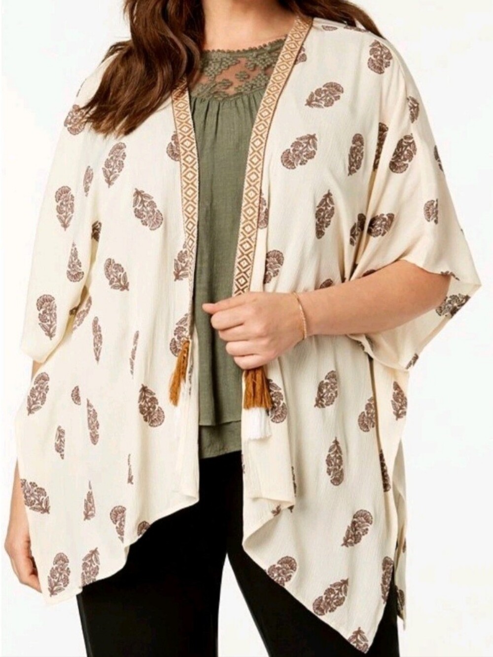 Style & Co Cream & Brown Floral Print Tassels Shawl Kimono XL